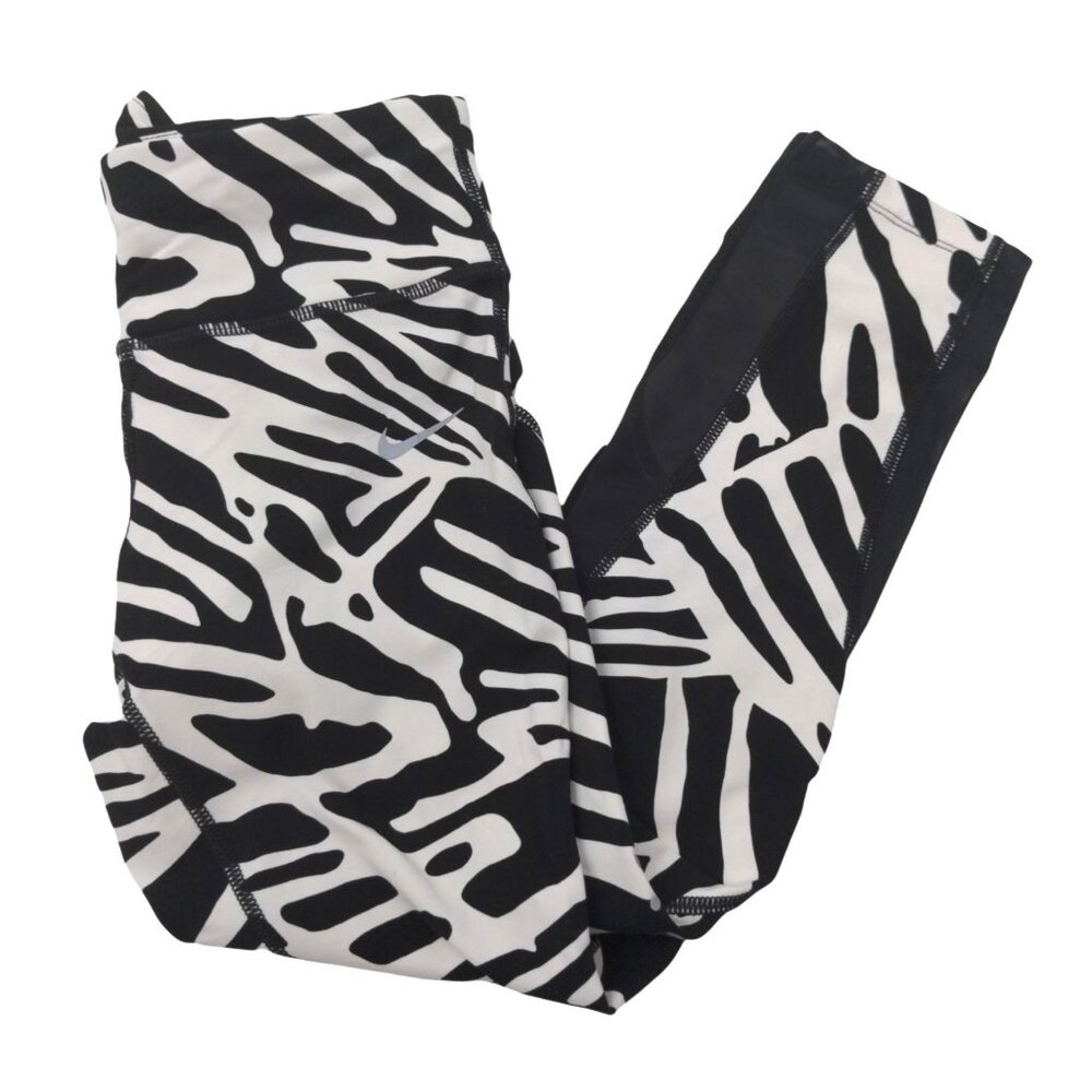 Nike Cropped Leggings Women XS Zebra Print Mesh Panel Black White Athletic